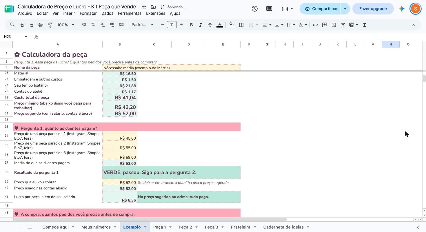 Resultado da calculadora: preço mínimo, sugerido e semáforo